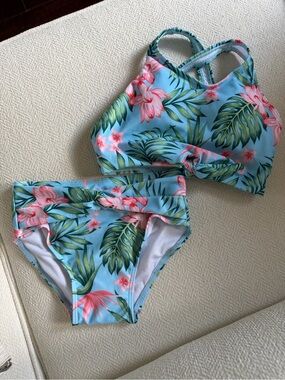 Tropical Floral Two-Piece Bikini Set - Sky Blue & Pink